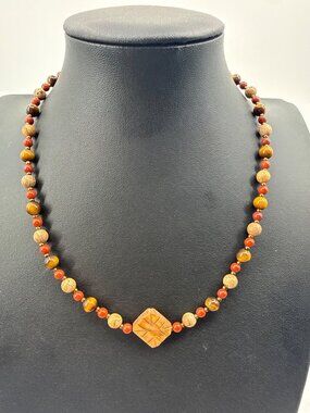 Boho Earth Tone Faux Tiger’s Eye & Jasper Beaded Necklace Geometric Pendant